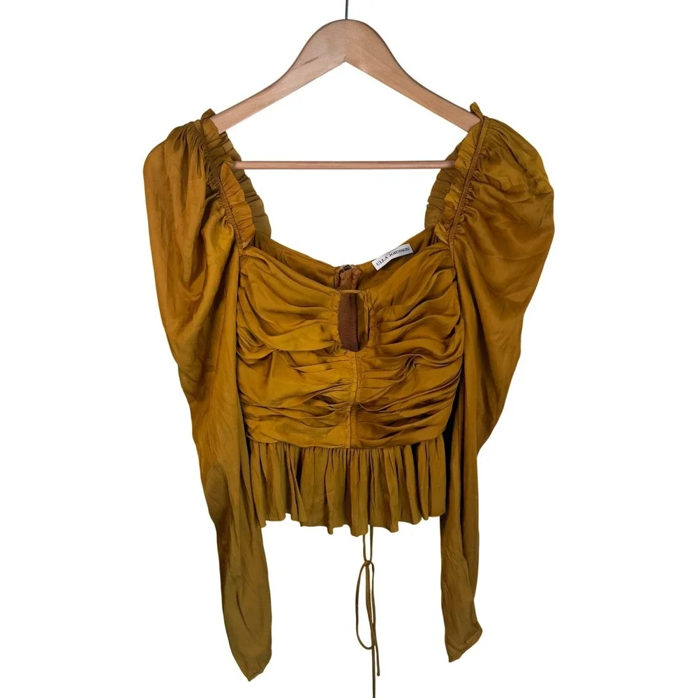 Ulla‎ Johnson Mirelle Plissé Satin Peplum Blouse Womens 0 Goldenrod Boho Ruched
